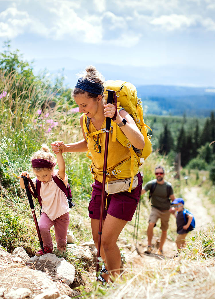 Happy family with small children hiking outdoors in summer nature, walking in High Tatras.