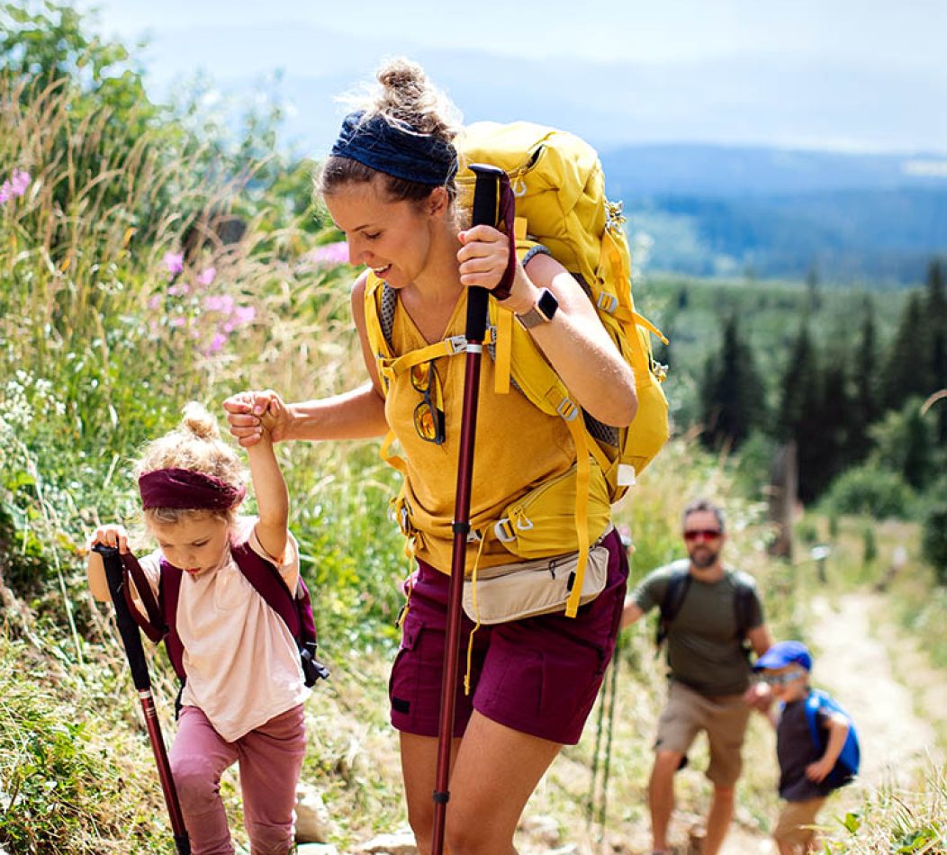 Happy family with small children hiking outdoors in summer nature, walking in High Tatras.